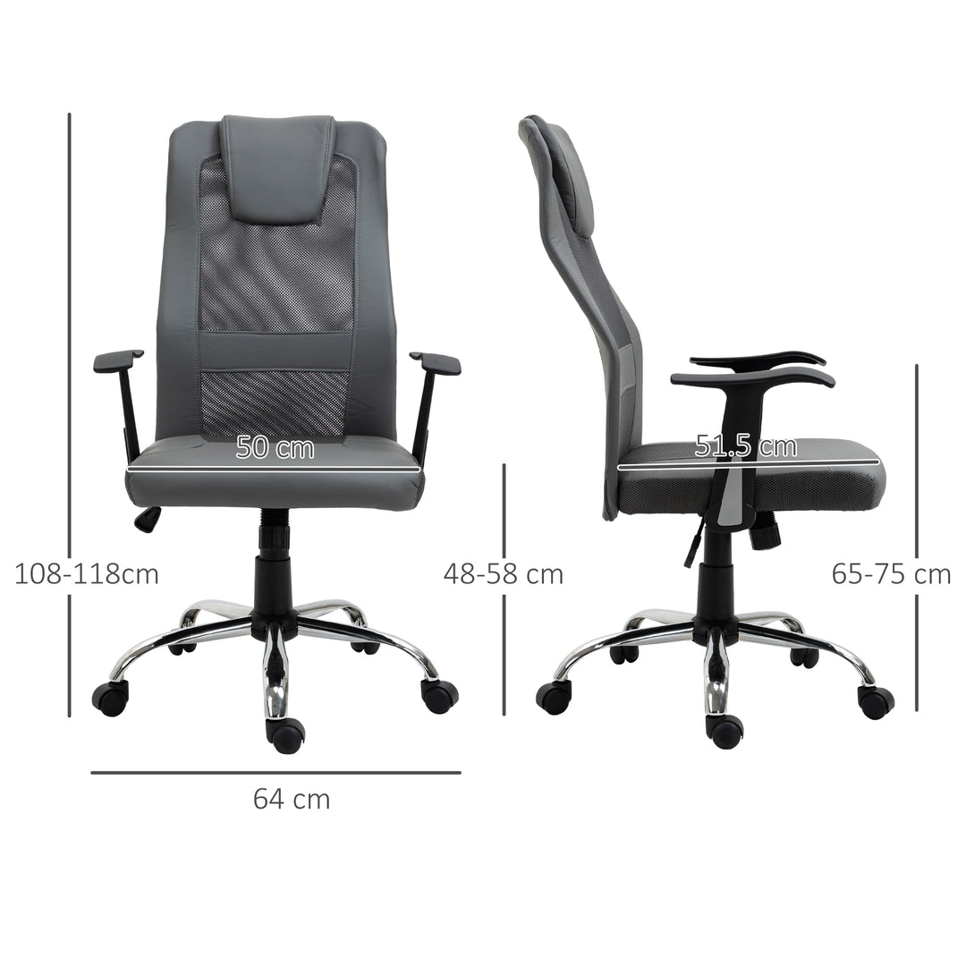 Office Chair, Computer Desk Chair, Mesh and PU Leather Swivel Chair with Adjustable Height and Rolling Wheels for Home Office Work Study, Grey