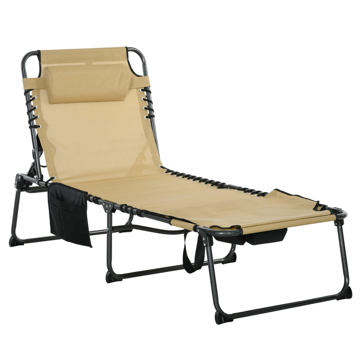 Folding Sun Lounge with 5-level Reclining Back, Outdoor Tanning Chair with Reading Hole, Outdoor Sun Lounge with Side Pocket, Headrest, for Beach, Yard, Patio, Beige