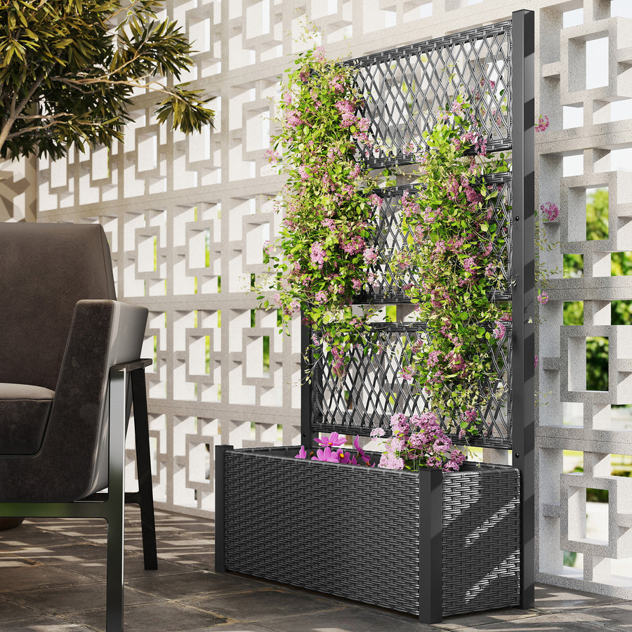 Garden Planter Box with Trellis, Liner for Climbing Plants, Vegetables, Flowers, 90 x 35 x 148 cm, Charcoal Grey