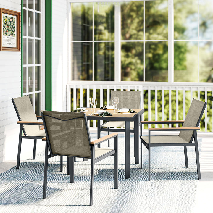 Five-Piece Metal Dining Set, with Glass-Top Table - Khaki