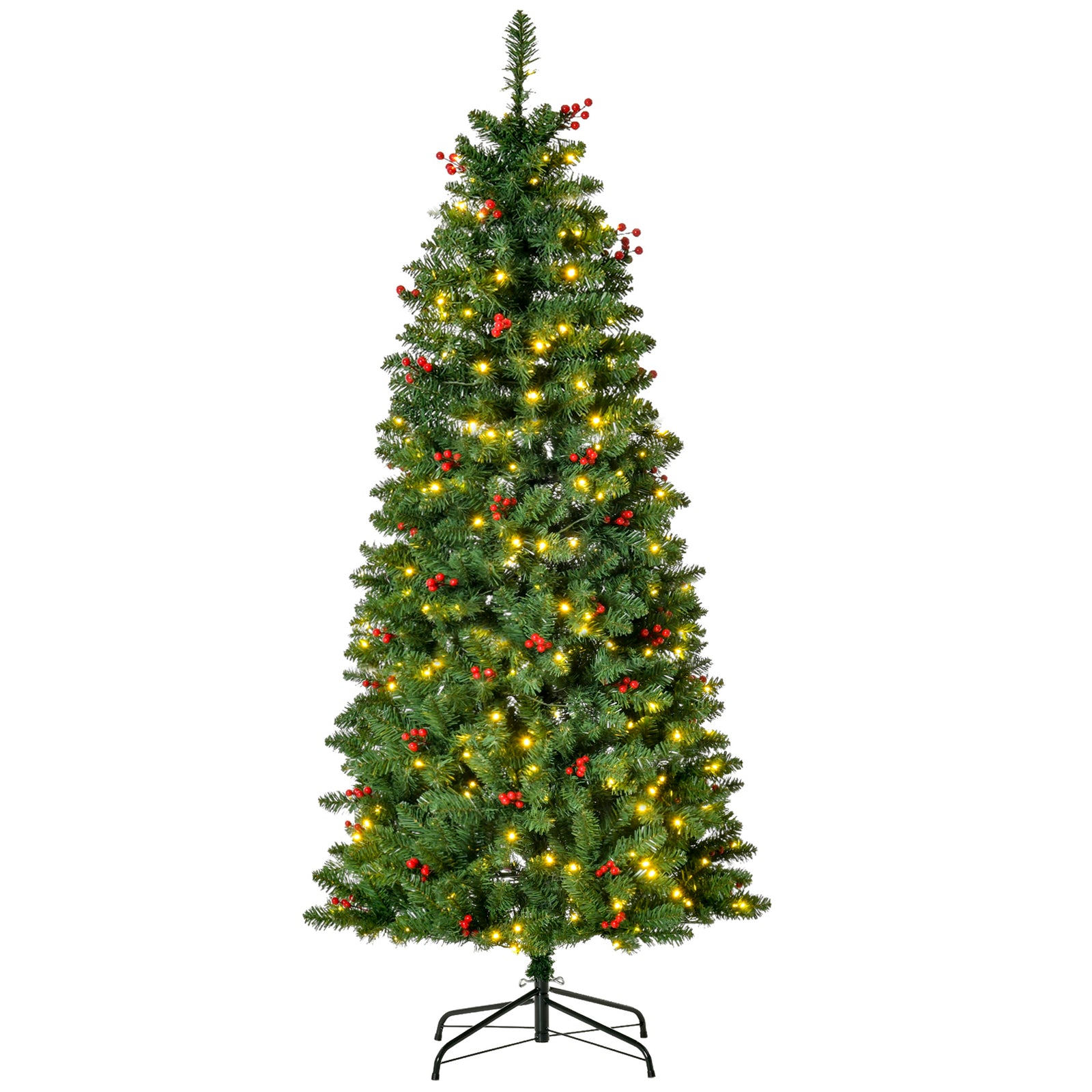 5FT Prelit Artificial Pencil Christmas Tree with Warm White LED Light, Red Berry, Holiday Home Xmas Decoration, Green