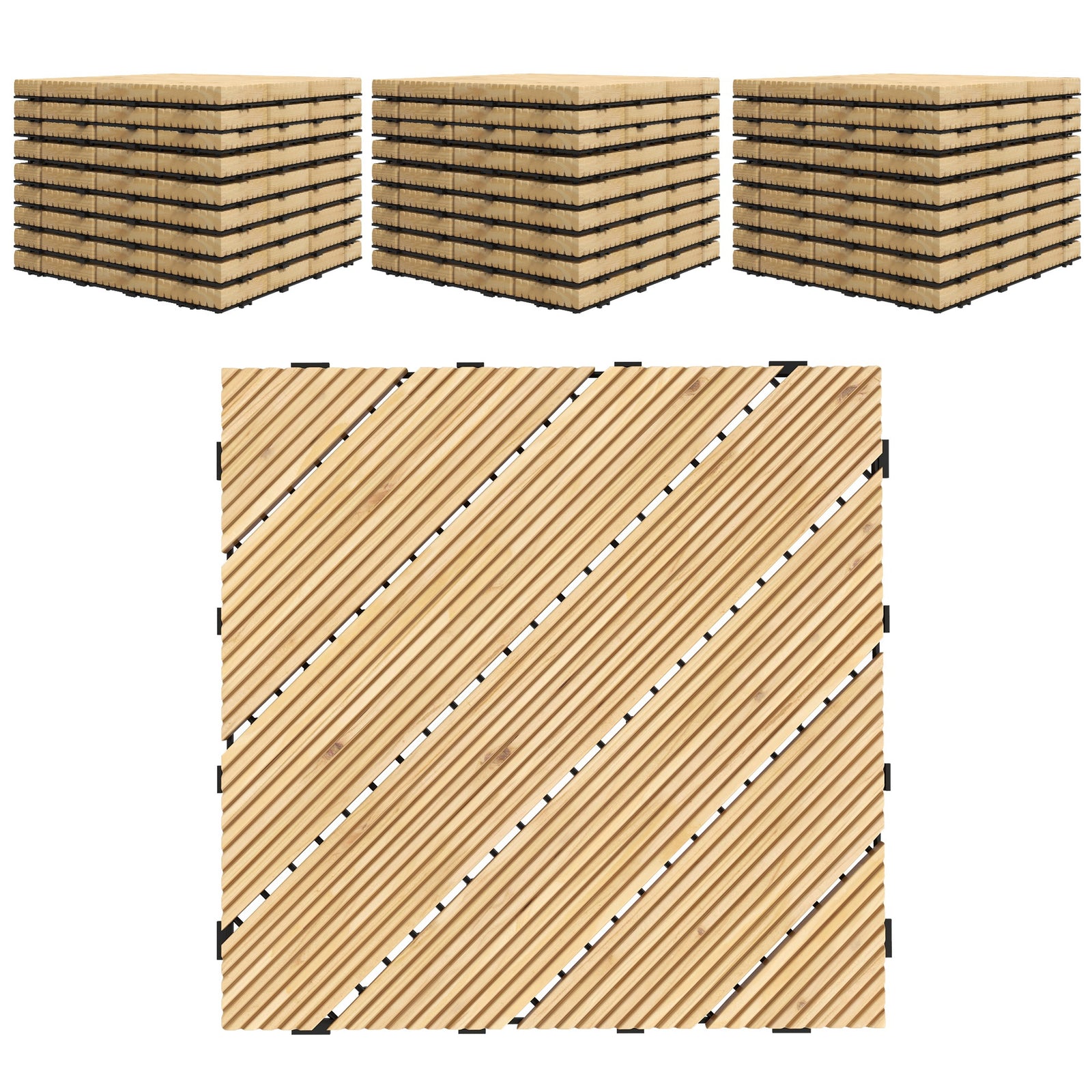 27 Pcs Wooden Interlocking Decking Tiles, 30 x 30 cm Anti-slip Outdoor Flooring Tiles, 0.81㎡ per Pack, All Weather Use for Patio, Balcony, Terrace, Hot Tub, Yellow
