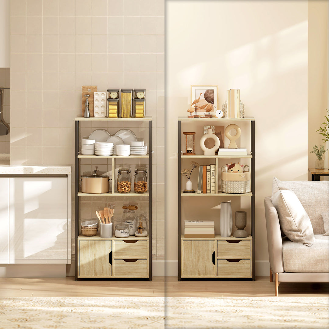 4-Tier Bookcase, Bookshelf with 1 Cabinet and 2 Drawers for Living Roo