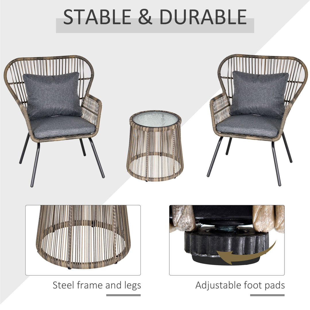 3 Pieces Rattan Bistro Set, Wicker Garden Furniture Set with Cushions, Glass Top Coffee Table and Chairs for Outdoor, Patio, Balcony, Grey