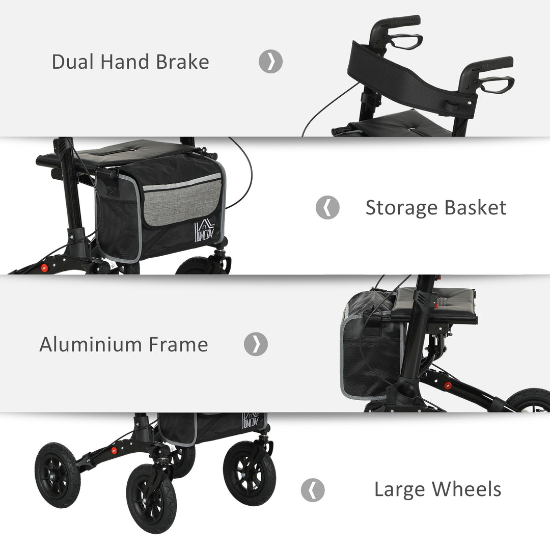 Folding Rollator Walker with Padded Seat, Backrest, Lightweight Walking Frame with Storage Bag, Dual Brakes, All-terrain Wheels, Adjustable Handle Height, 4 Wheeled Walker for Seniors, Black