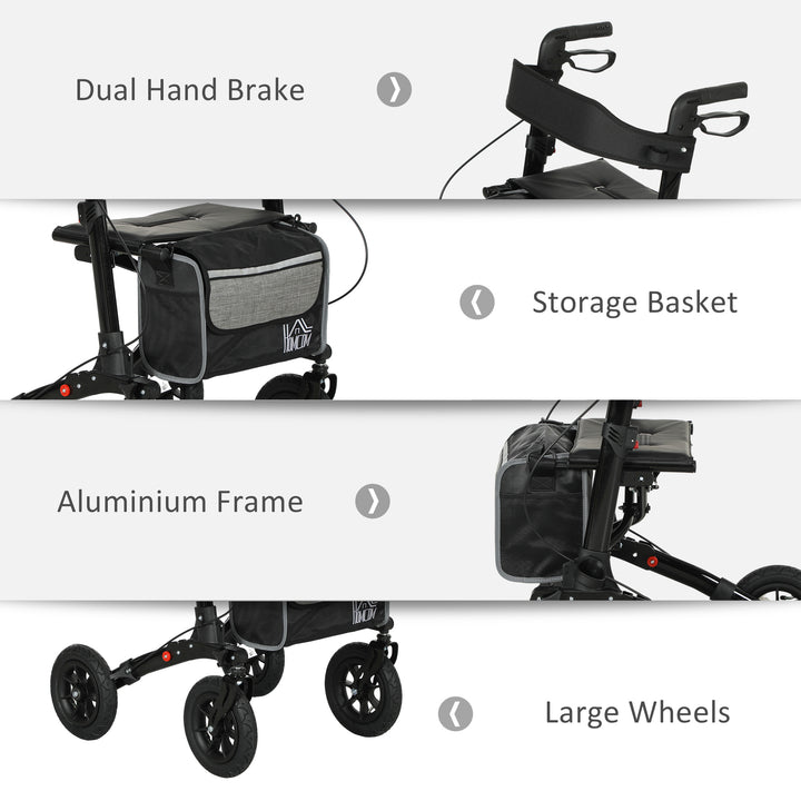 Folding Rollator Walker with Padded Seat, Backrest, Lightweight Walking Frame with Storage Bag, Dual Brakes, All-terrain Wheels, Adjustable Handle Height, 4 Wheeled Walker for Seniors, Black