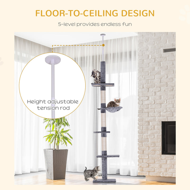 MCL Floor to Ceiling Cat Tree Height Adjustable 230-260cm, 5-Tier Cat Tower with Scratching Post, Hammock, Perches, Climbing Activity Centre for Indoor Kittens, Grey