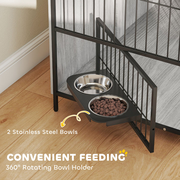 Large Dog Crate Furniture with Rotating Bowl Holder, 2 Bowls, 2 Doors, for Large Dogs, 100 x 60 x 88 cm, Grey