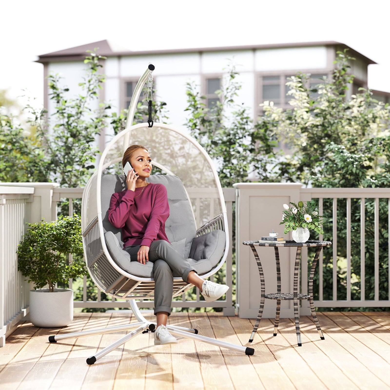 Hanging Egg Chair Outdoor Indoor, Swing Hammock Chair with Stand, Cushions, Lumbar Pillow, Adjustable Height and Steel Frame for Garden Patio Lounge Porch, Light Grey