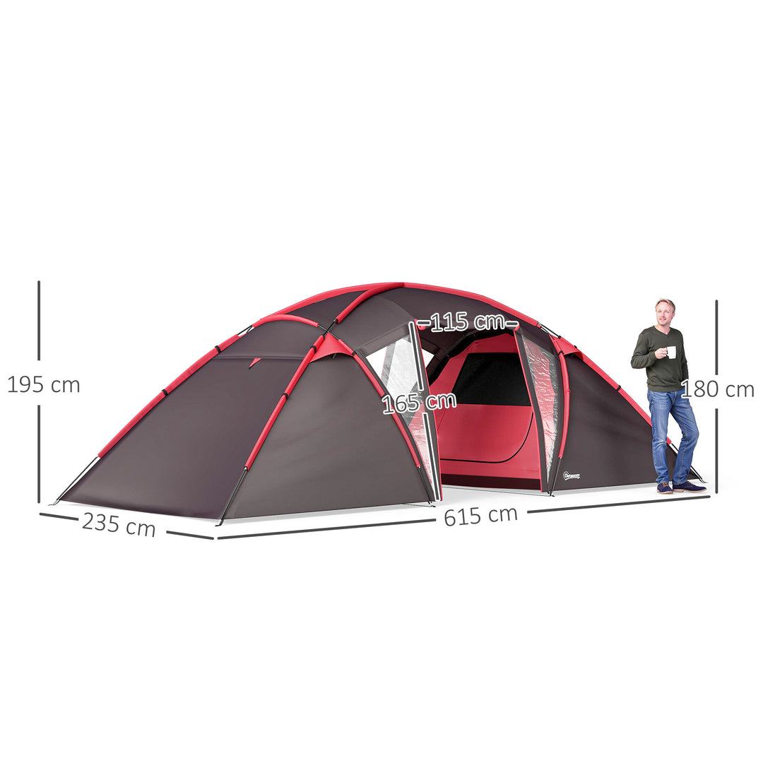 4-6 Man Family Camping Tent w/ 2 Bedrooms and a Living Room, Waterproof Tunnel Tent w/ Sewn In Groundsheet, Doors, Windows, Carry Bag, Grey