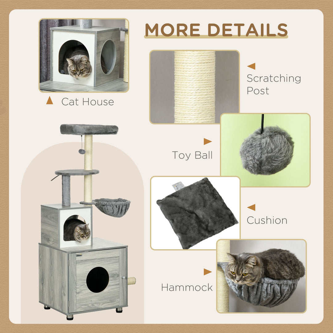 PawHut Enclosed Cat Litter Box with Cat House, Cat Bed, Scratching Posts, Platforms for Indoor Cats Use, Grey