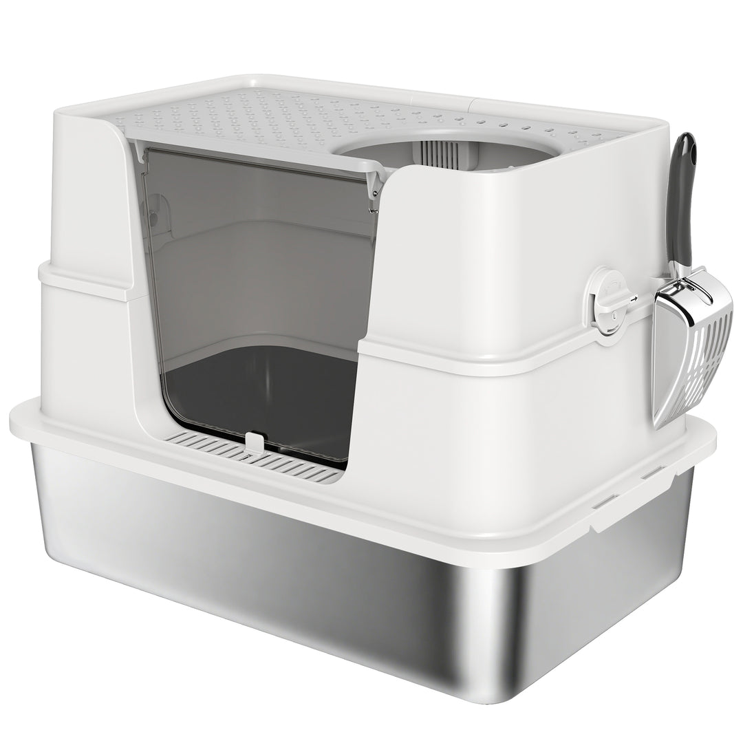 XL Stainless Steel Litter Box w/ 100° Flip Top, Scoop, Side Top Dual Entry, Odor Free, Easy Cleaning, Anti Leakage