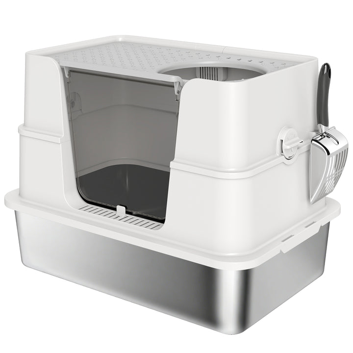 XL Stainless Steel Litter Box w/ 100° Flip Top, Scoop, Side Top Dual Entry, Odor Free, Easy Cleaning, Anti Leakage
