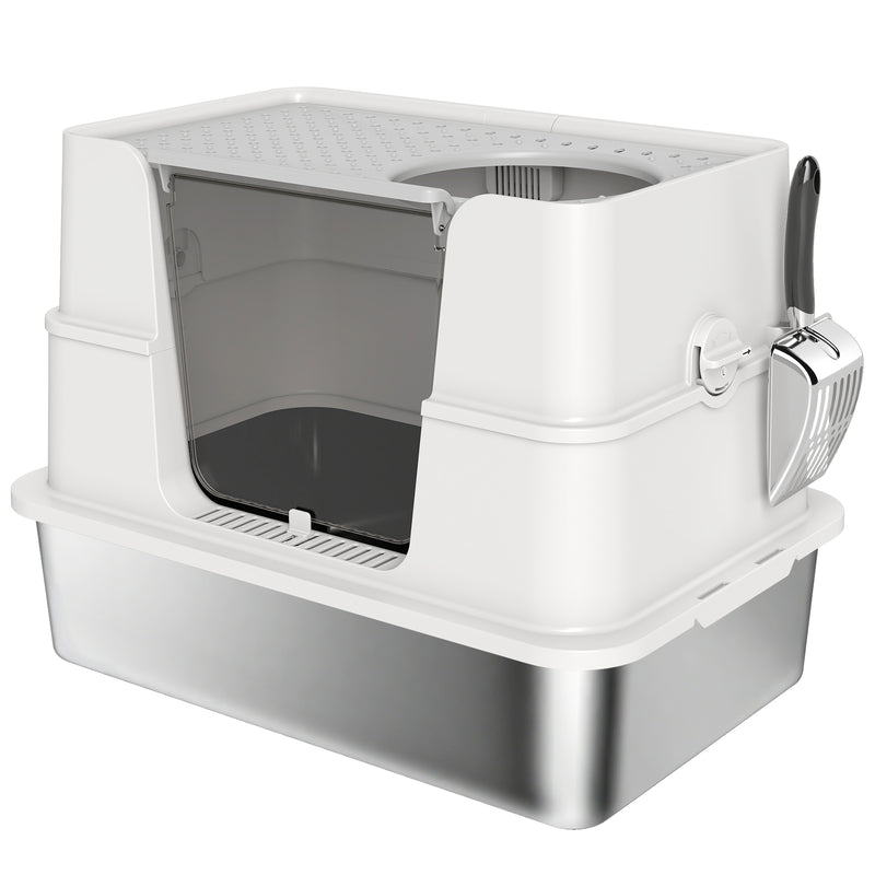 XL Stainless Steel Litter Box w/ 100° Flip Top, Scoop, Side Top Dual Entry, Odor Free, Easy Cleaning, Anti Leakage