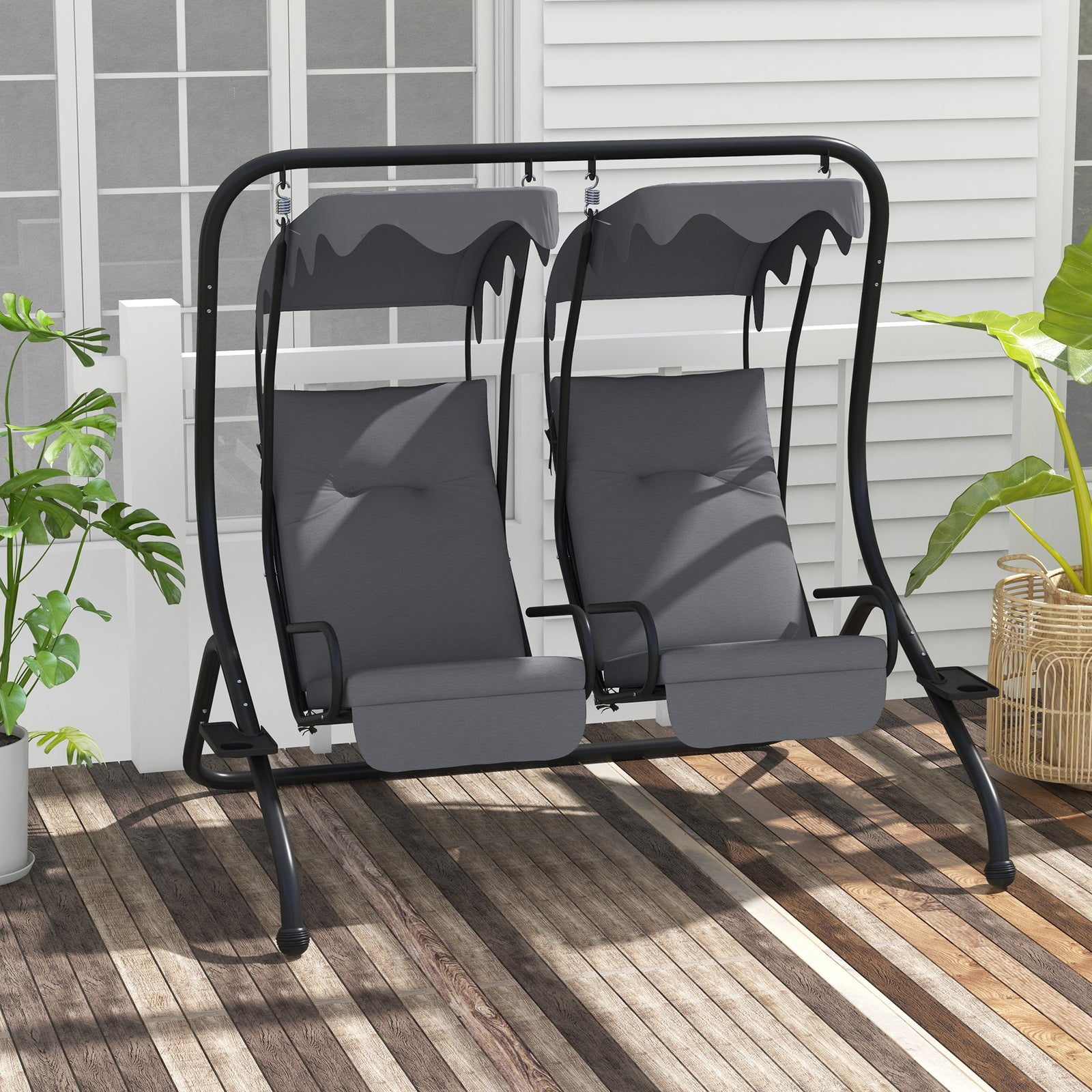 Two-Seat Garden Swing Chair, with Protective Canopy - Grey