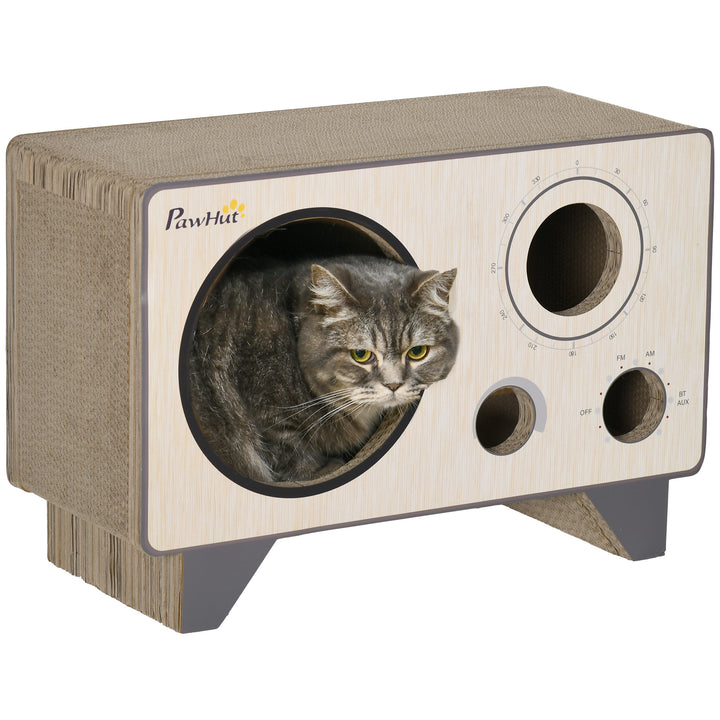 PawHut 2 in 1 Cat Scratcher, Radio Shape Cat House with Catnip, 57 x 24.5 x 39cm, Natural Wood Finish | Aosom UK