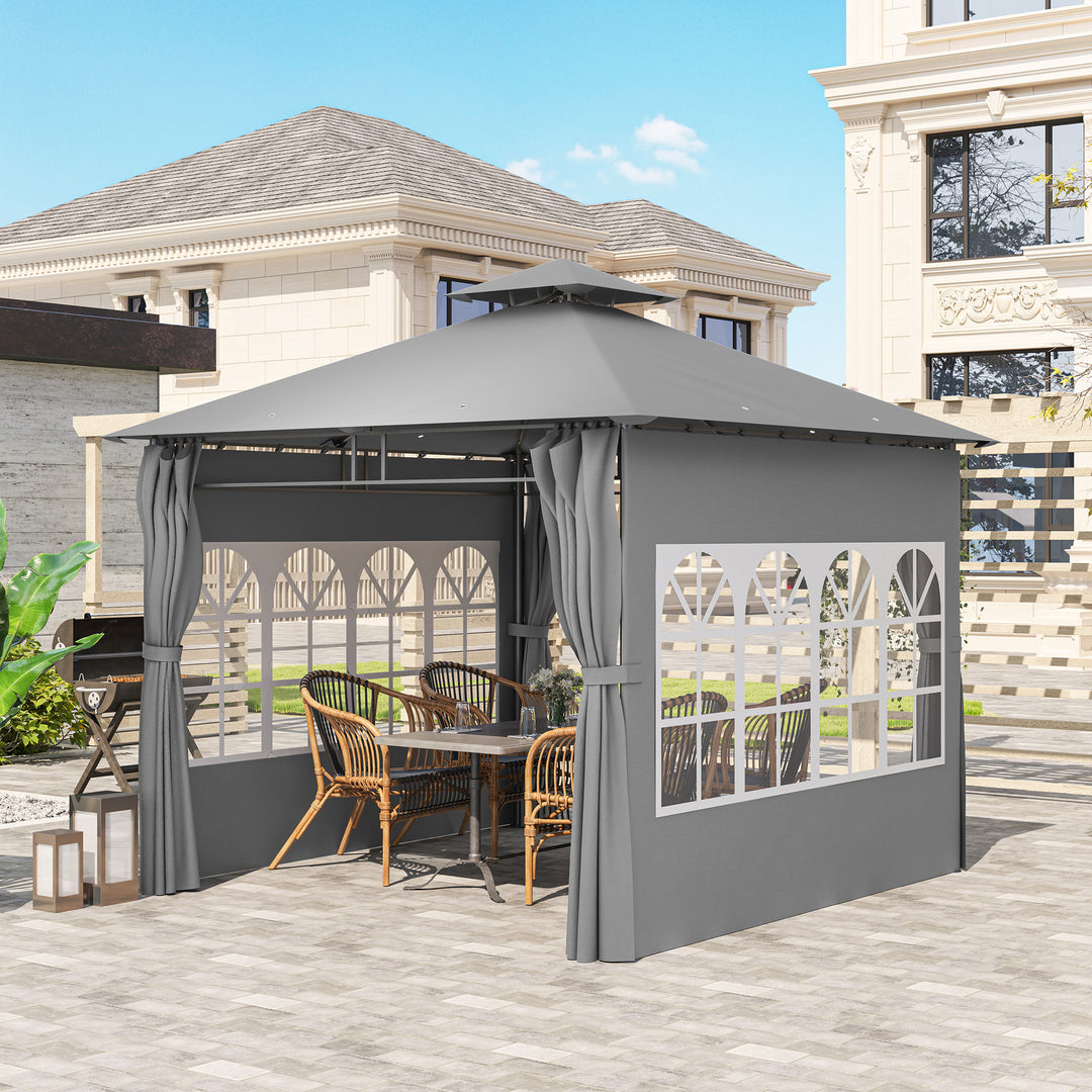 3 x 3 m Garden Gazebo, Double Roof Metal Gazebo with Removable Sidewalls and Church Windows, Outdoor Canopy Shelter, Light Grey