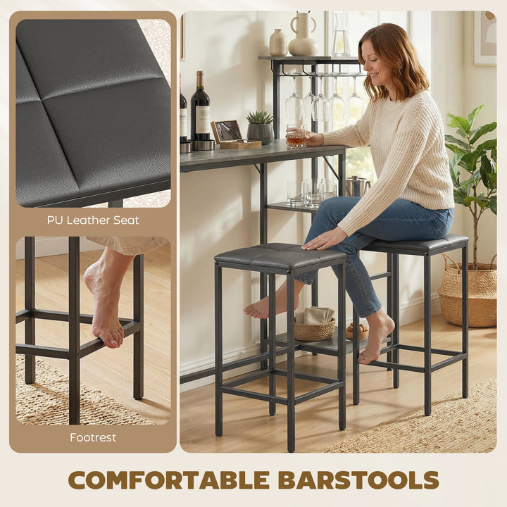 3 Piece Breakfast Bar Table and Stools Set, Washed Grey