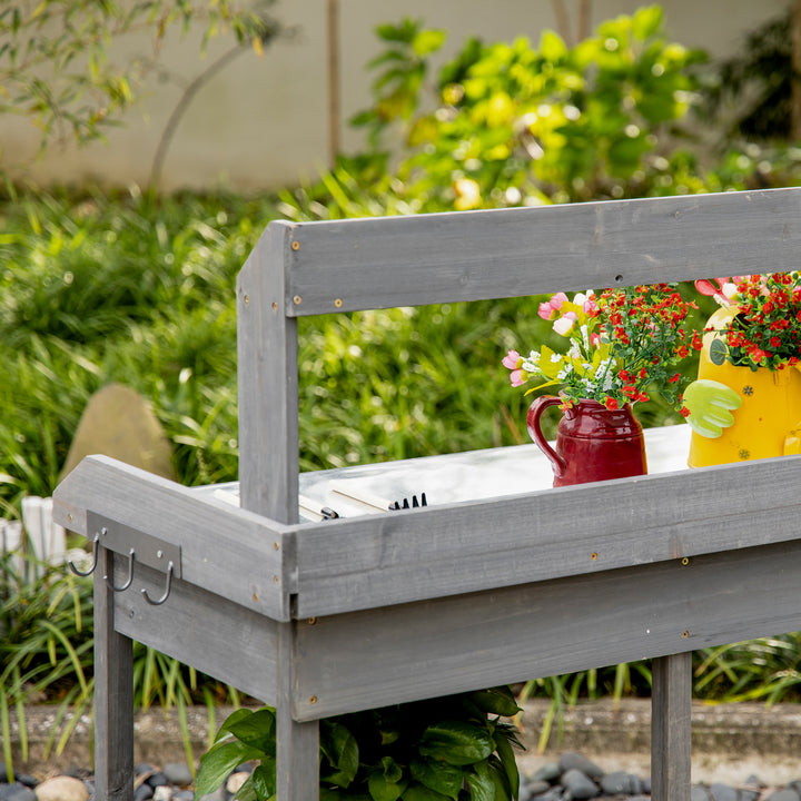 Garden Potting Table, Wooden Workstation Bench w/ Galvanized Metal Tabletop, Drawer, Storage Shelves and Hooks for Patios, Courtyards, Balcony