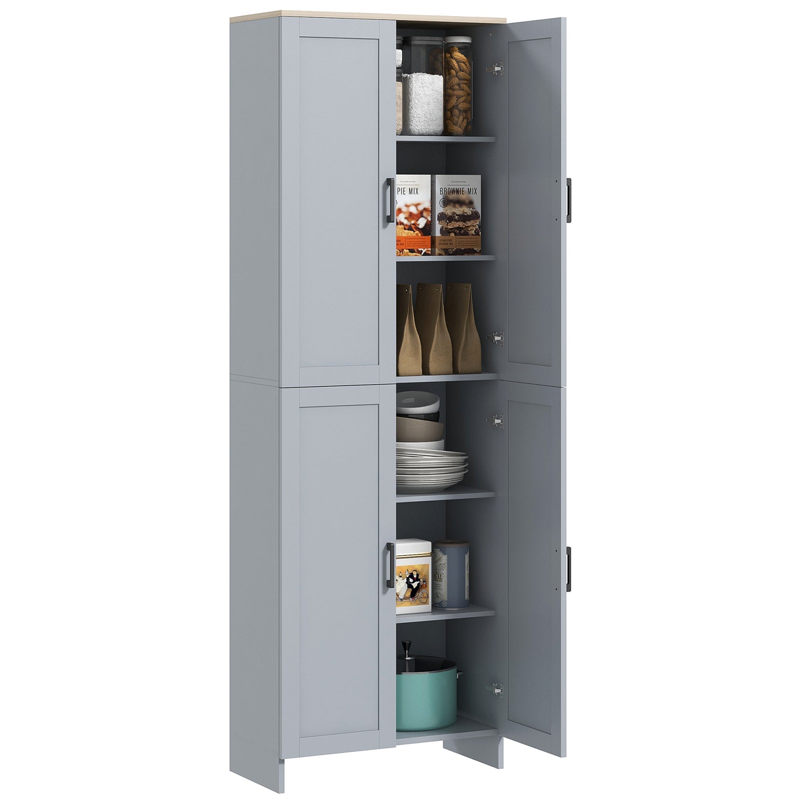Freestanding Kitchen Cupboard, 4-Door Storage Cabinet with Adjustable Shelves, Modern Kitchen Pantry for Dining Room, 170cm, Grey