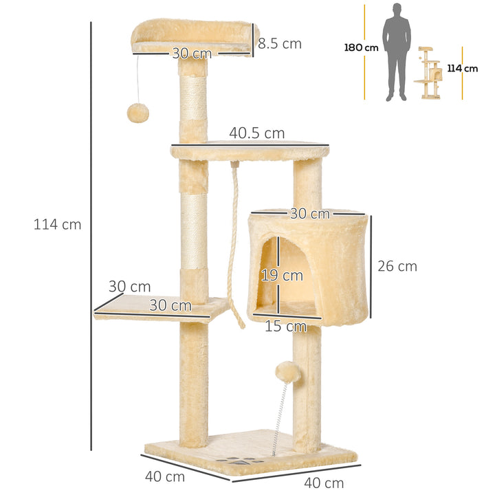 PawHut Cat Tree House, Multi-Level Activity Centre with Scratching Posts, 114 cm High, Beige