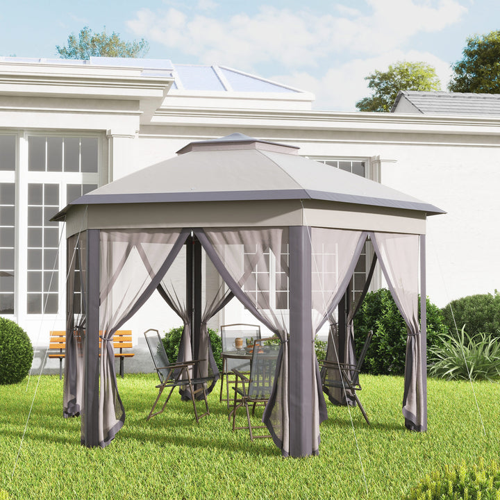 MCL 3 x 4m Garden Gazebo Hexagon Pop Up Gazebo Party Tent Canopy Double Roof Instant Shelter with Netting and Carry Bag for Outdoor Patio, Beige
