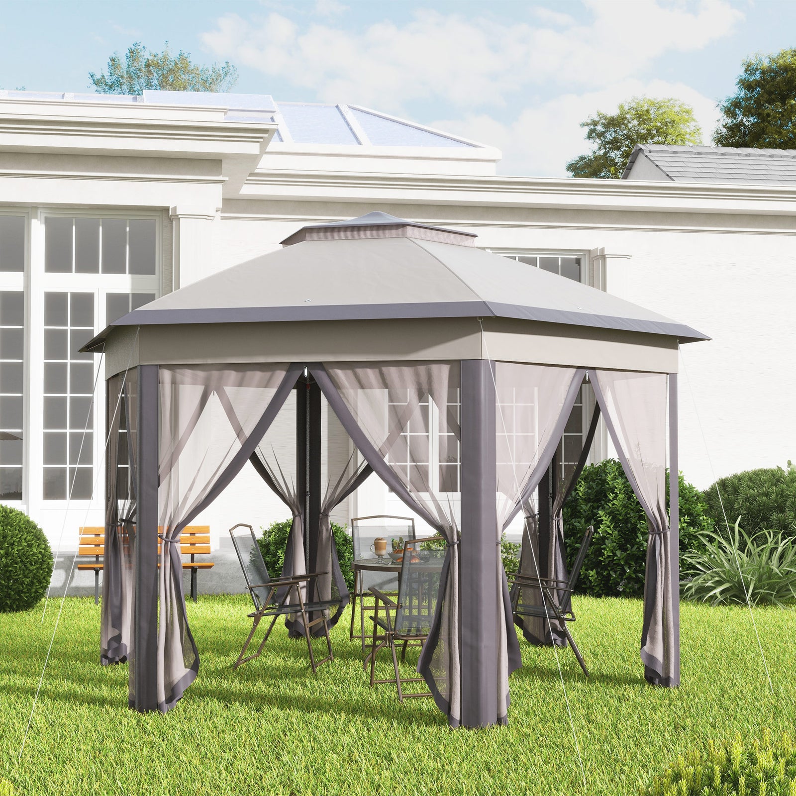 3 x 4m Garden Gazebo Hexagon Pop Up Gazebo Party Tent Canopy Double Roof Instant Shelter with Netting and Carry Bag for Outdoor Patio, Beige