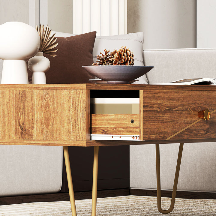 Coffee Table with Storage, Living Room Table with Drawers, Rectangular Tea Table with Steel Base for Home, 100 x 50 x 41 cm, Brown