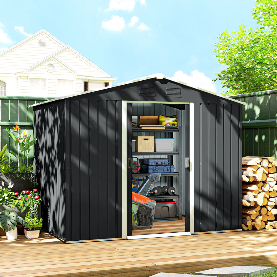 7.7 x 5.7ft Metal Garden Shed, Galvanised Outdoor Tool Storage House with Ventilation Slots and Sliding Doors, Grey
