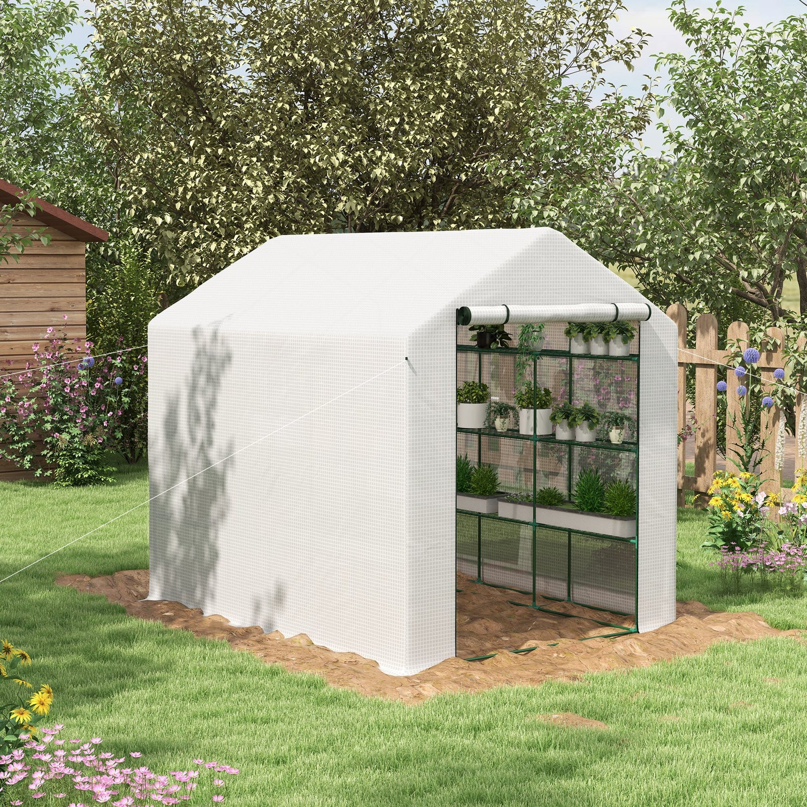 8 x 6ft Walk-In Greenhouse, with Shelves - White