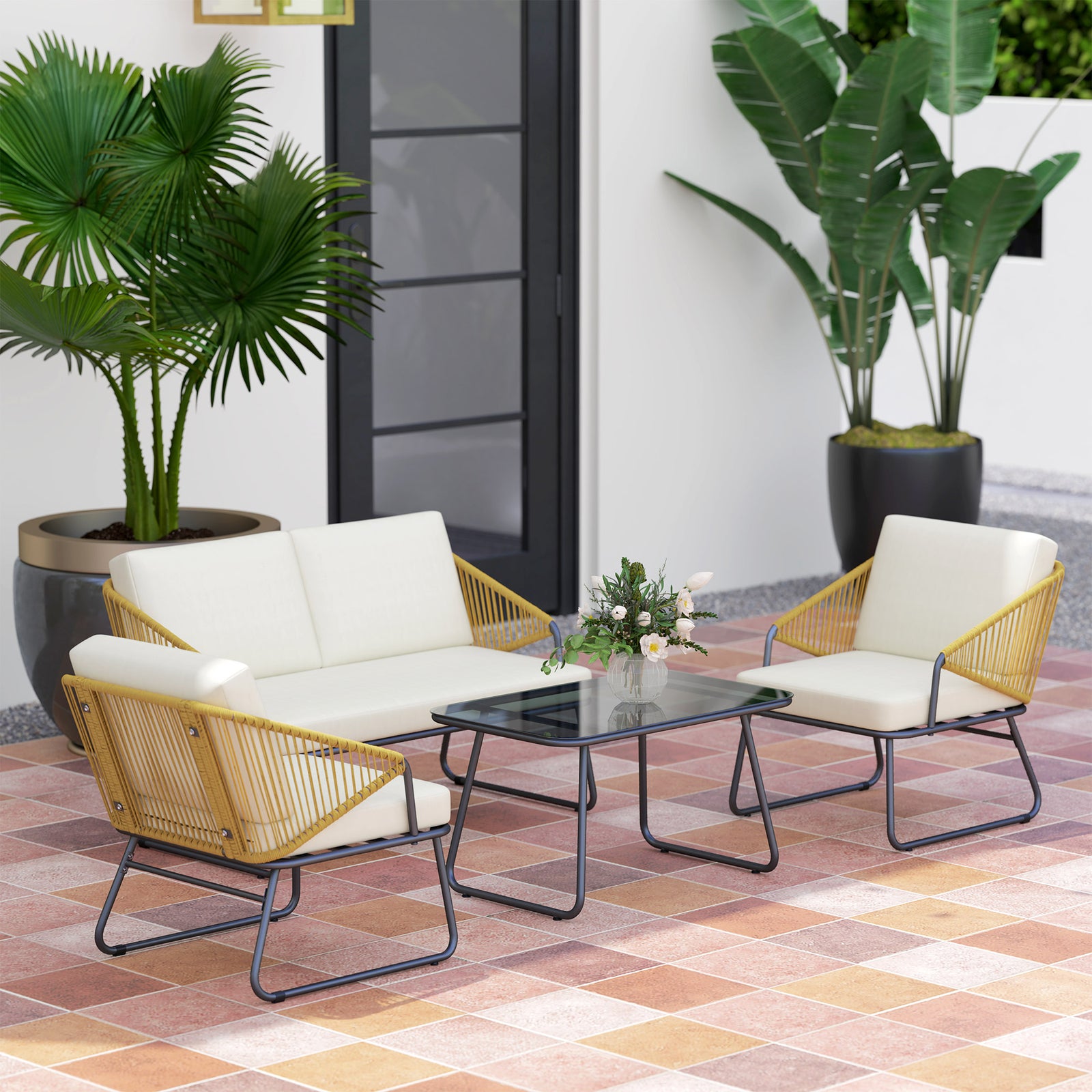 Four-Piece Rattan Strong Panel Outdoor Sofa Set - Natural