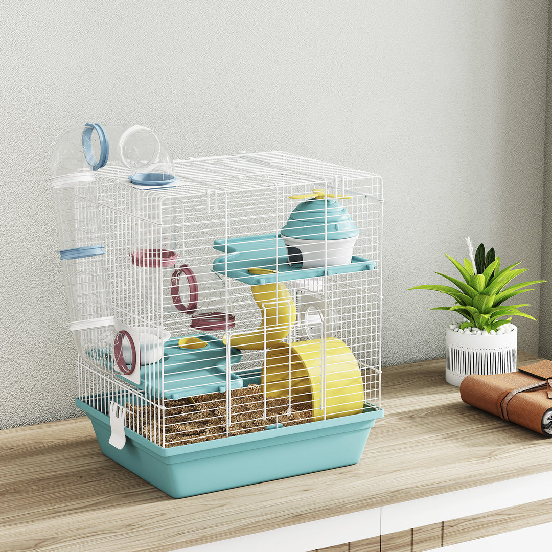 3-Level Hamster Cage with Exercise Wheel, Water Bottle, Food Bowl, for
