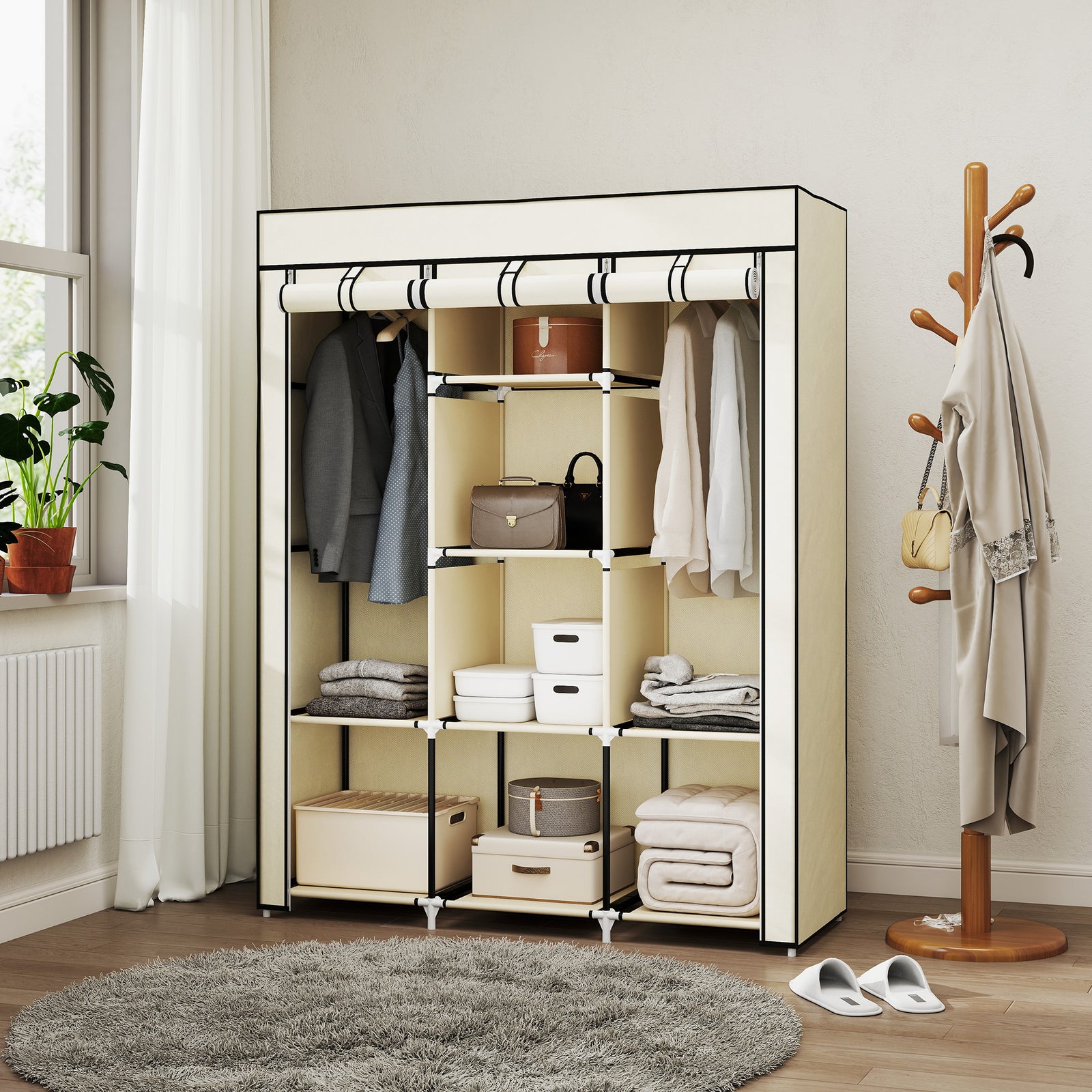 Fabric Wardrobe, with Rails and Shelves - Cream White