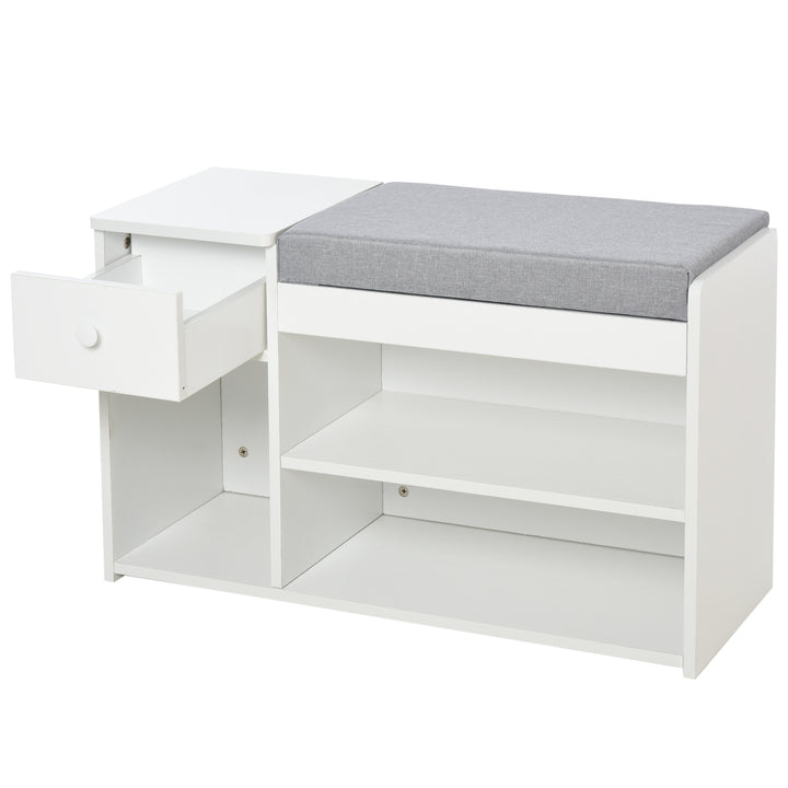 HOMCOM Shoe Storage Bench with Drawer, Cushioned Seat, 3 Compartments for Home Organisation, Hallway Entryway Furniture, White | Aosom UK