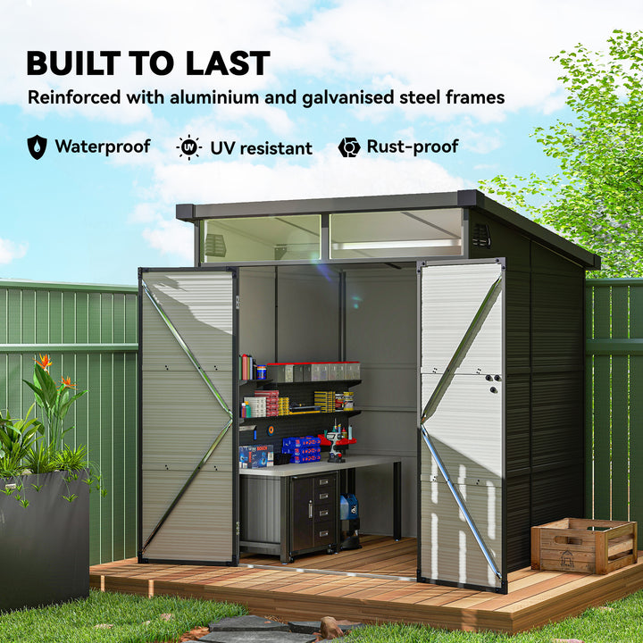 6 x 6ft Outdoor Storage Shed, Plastic Garden Shed with Windows and Air Vents, Outdoor Resin Tool Shed with Latch Doors for Garden, Deck, Dark Grey