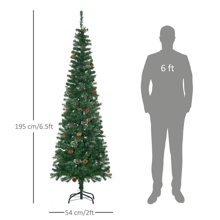 HOMCOM 6.5' Tall Slim Christmas Tree Artificial with Realistic Branches, 556 Tip Count and 27 Pine Cones, Xmas