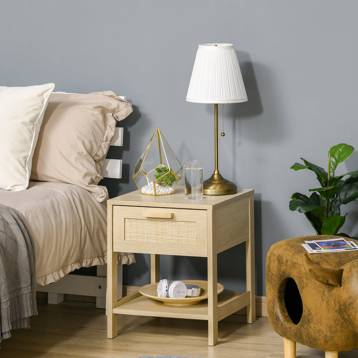 Bedside Table Set of 2 with Rattan Drawer, Rustic Side Tables with Storage Shelf for Bedroom, Living Room, Natural