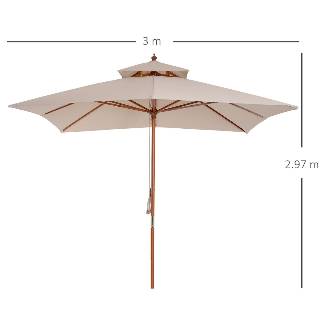 MCL 3 x 3 metre Patio Parasol Garden Umbrellas Sunshade Outdoor Wooden Parasol Canopy Double Tier, Beige, BASE NOT INCLUDED