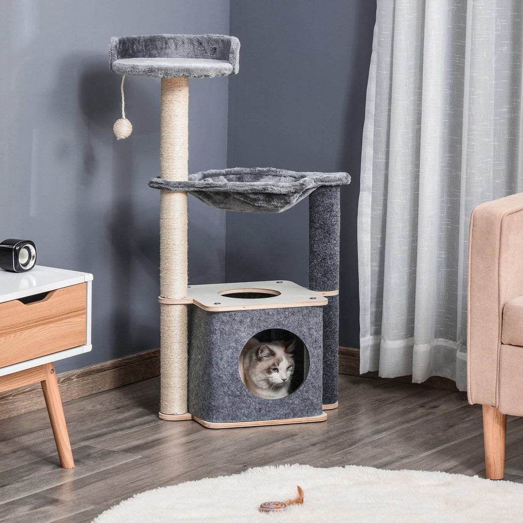 MCL Cat Tree for Indoor Cats 95cm Climbing Tower Kitten Activity Center with Sisal Scratching Post Perch Roomy Condo Hammock Removable Felt Hanging Toy, Grey