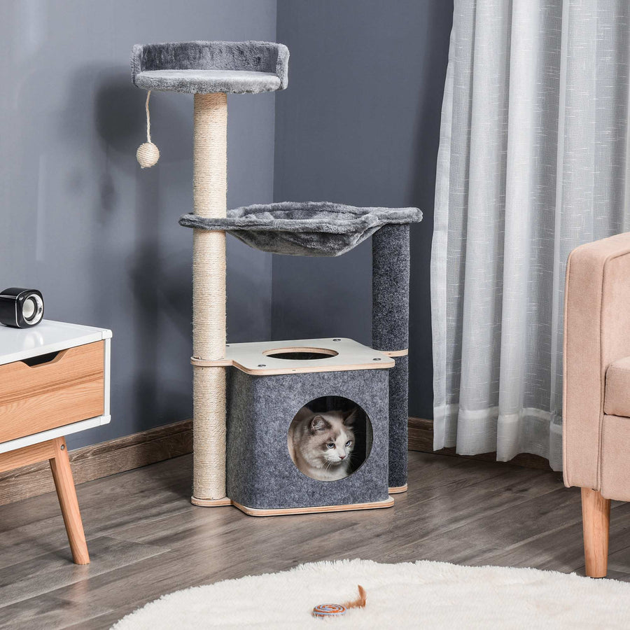 Cat Tree for Indoor Cats 95cm Climbing Tower Kitten Activity Center with Sisal Scratching Post Perch Roomy Condo Hammock Removable Felt Hanging Toy, Grey