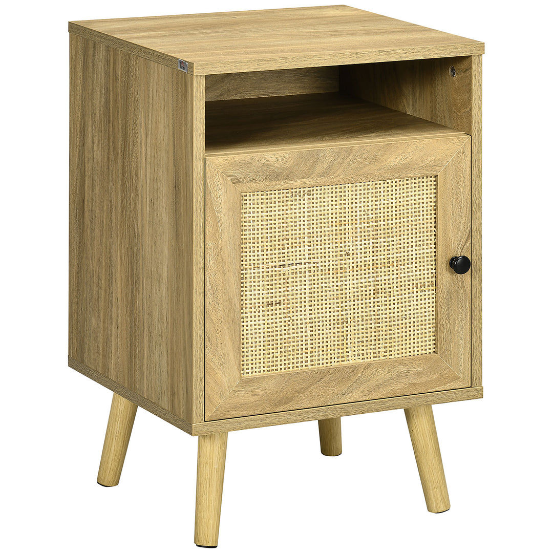 Bedside Table with Rattan Element, Side End Table with Shelf and Cupboard, 39cmx35cmx60cm, Natural