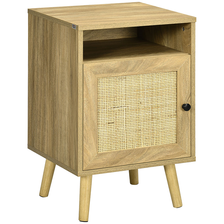 Bedside Table with Rattan Element, Side End Table with Shelf and Cupboard, 39cmx35cmx60cm, Natural