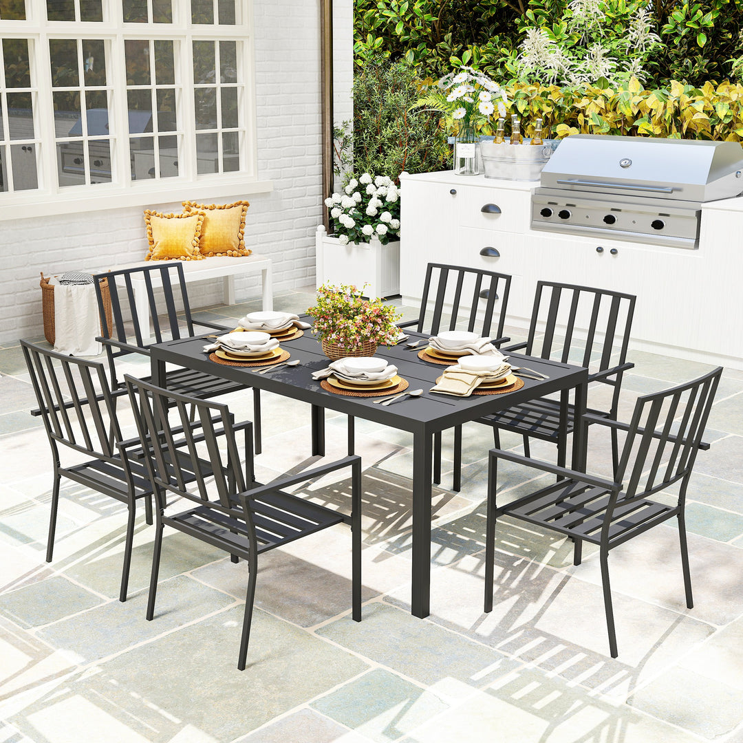 Outsunny Seven-Piece Minimal Metal Garden Dining Set, with Parasol Hole - Black