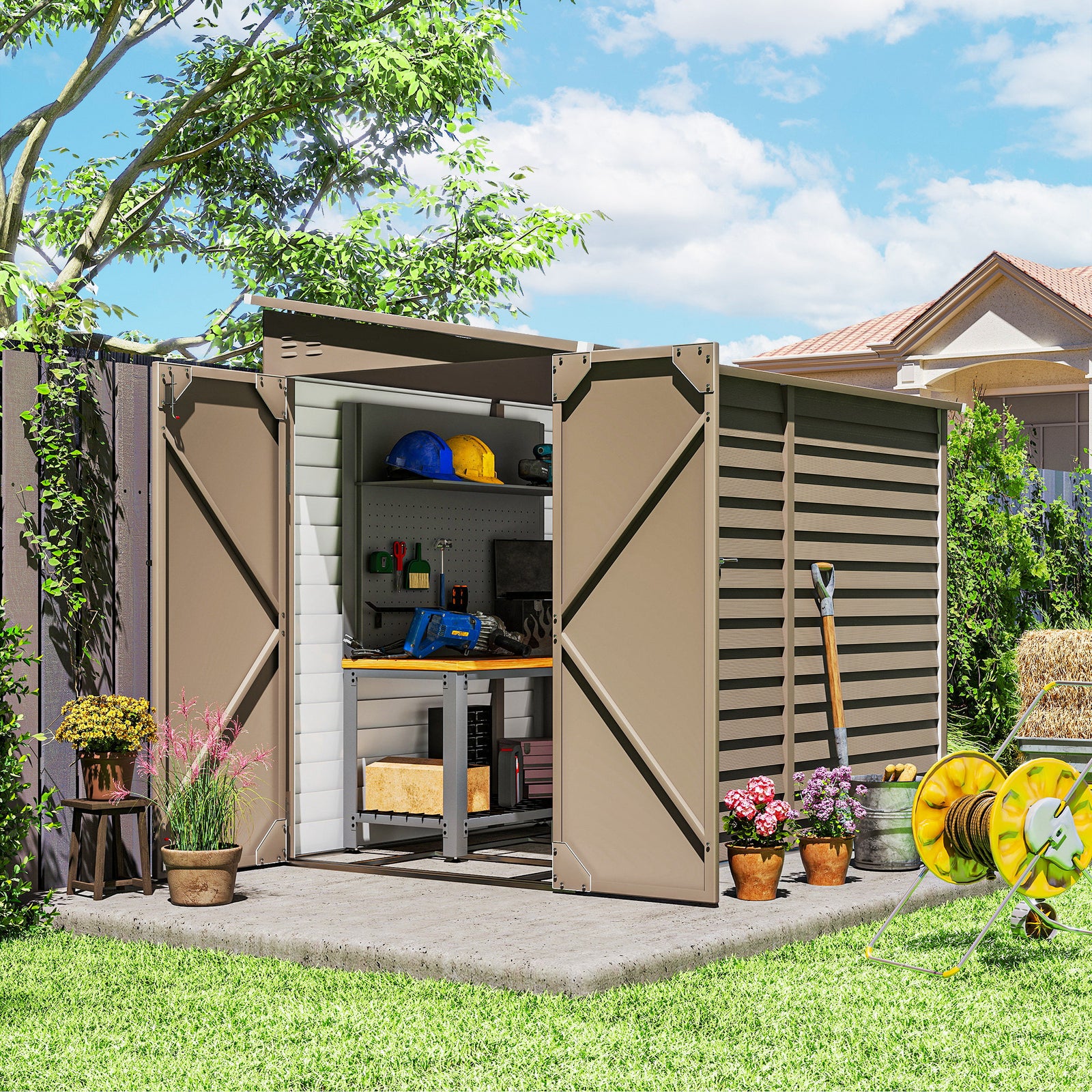 5 x 9ft Galvanised Metal Garden Shed with Foundation Kit, Outdoor Lean-to Shed, Tool Storage House with Lockable Doors, Gloves and 2 Air Vents for Patio, Garden, Brown