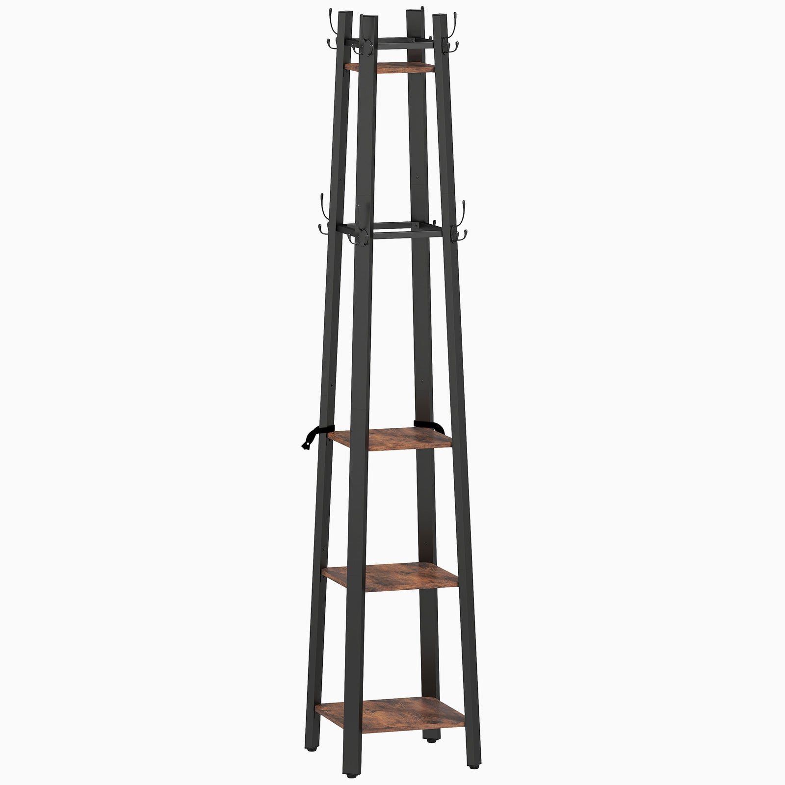 Industrial Coat Stand with 8 Hooks and 4 Shelves - Rustic Brown