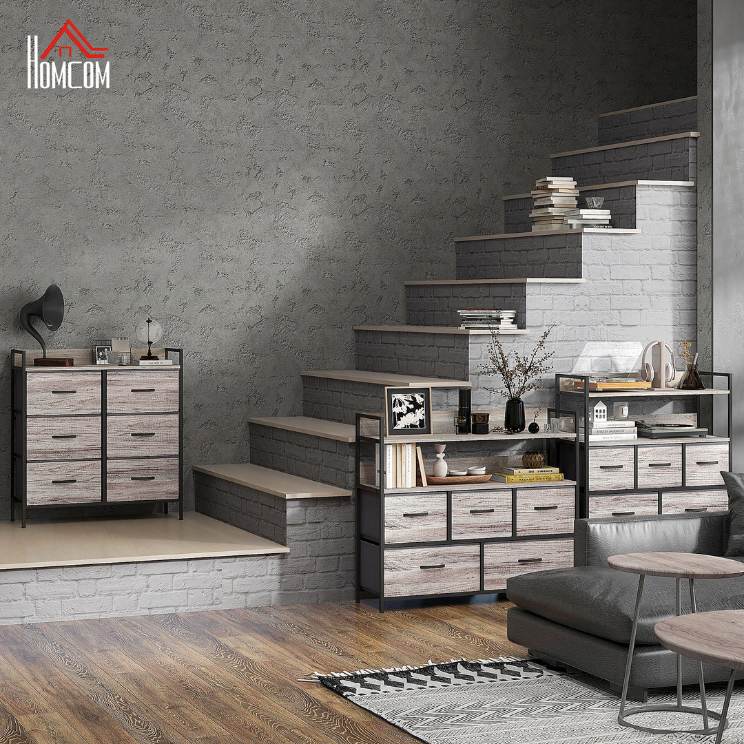 HOMCOM Rustic Chest of Six Fabric Drawers - Grey Wood Effect | Aosom UK