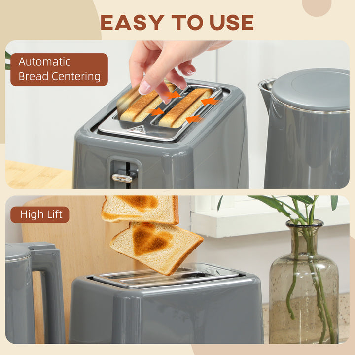 Digital Kettle and Toaster Set, 1.5L 3000W Fast Boil Kettle, 2 Slice Toaster Kitchen Set with 7 Level Browning Controls, Defrost, Reheat, Keep Warm, Crumb Tray and LED Touch Display, Grey