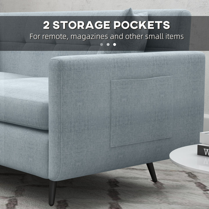 165cm 3 Seater Sofa for Living Room, Modern Fabric Couch, Tufted Small Couch Sofa Settee with Steel Legs and 2 Storage Pockets for Bedroom and Home Office, Blue