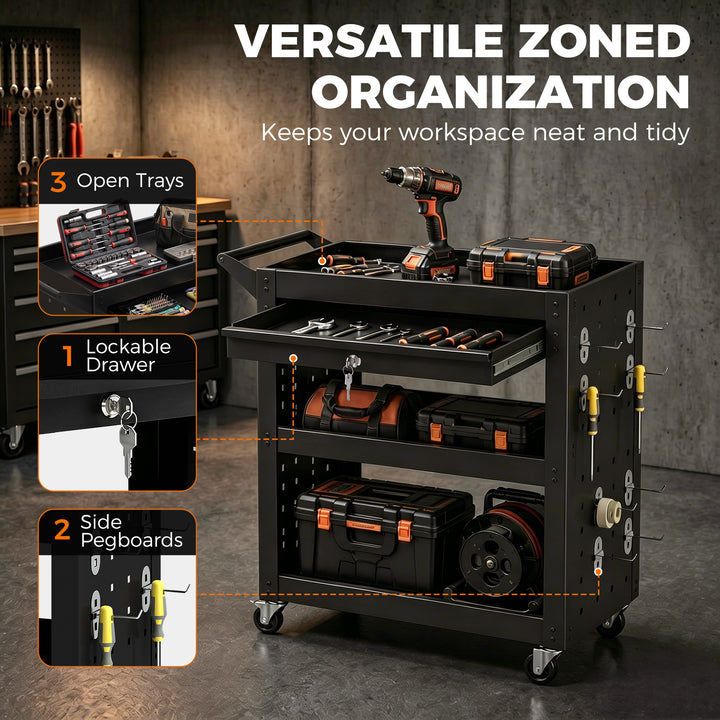 Tool Cart with Lockable Wheels, Rolling Workshop Cart with 3-Tier Tray