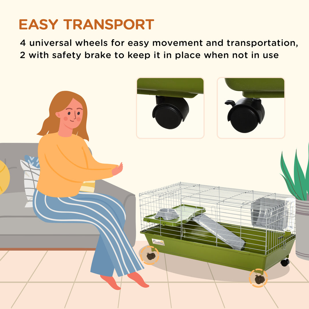 PawHut Small Animal Cage, 35" Chinchilla Guinea Pig Hutch, Includes Platform, Ramp, Dish, Wheels, Water Bottle | Aosom UK